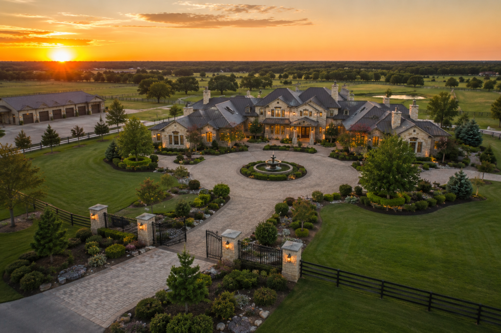 A large stone estate lit at sunset with the ocean on the horizon beyond the pastures