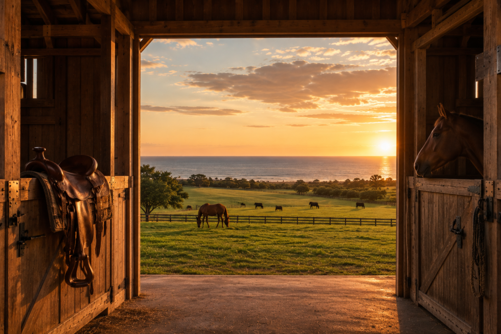 View out of a barn doorway at sunset, a saddle resting inside