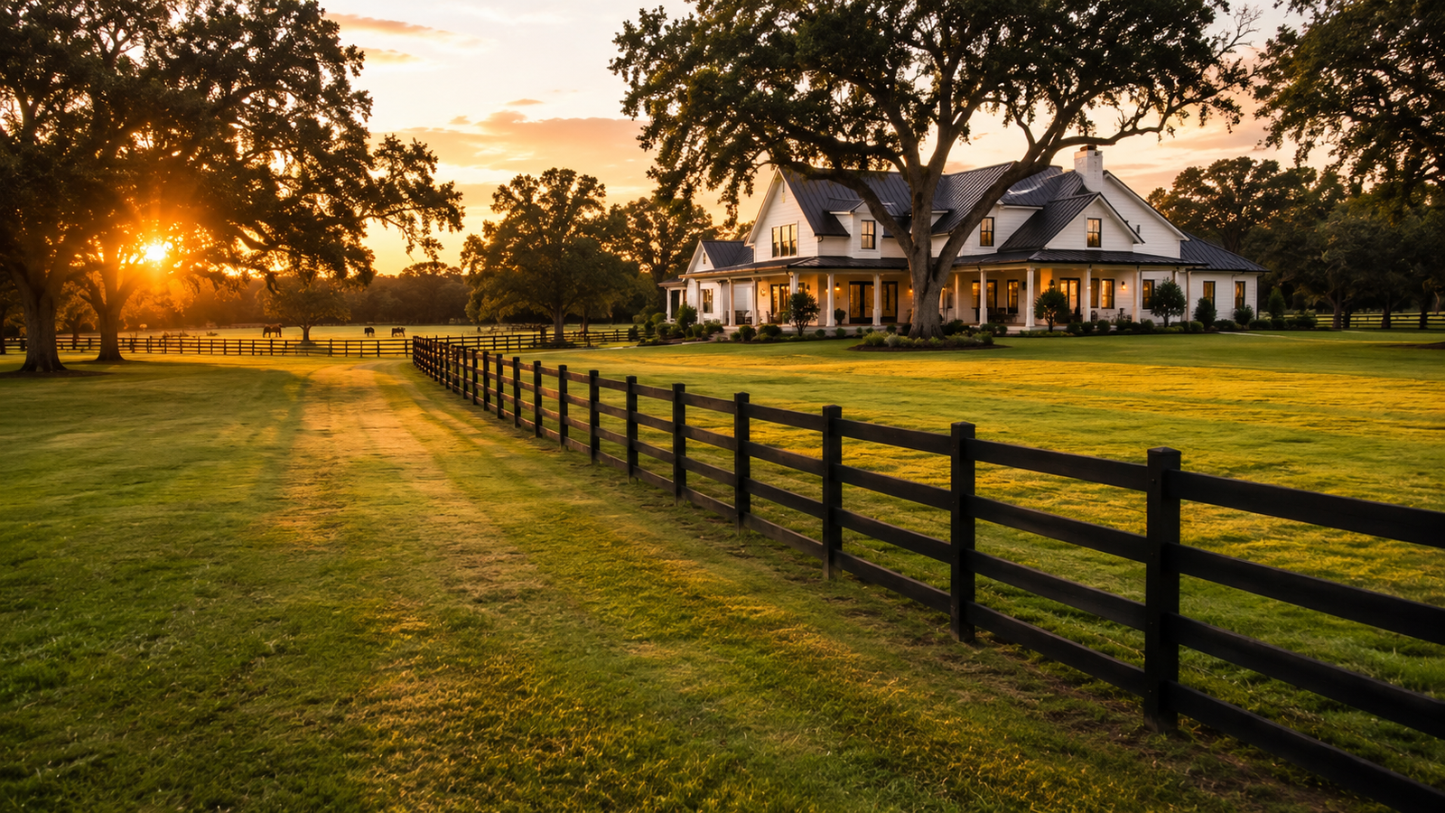 A black board fence line leading to a farmhouse across green pasture at golden hour