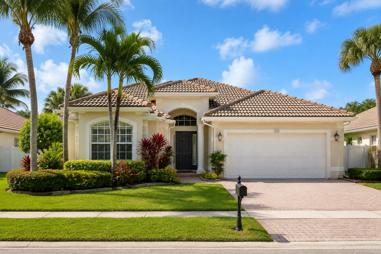 A Florida single-family home with a palm-lined driveway