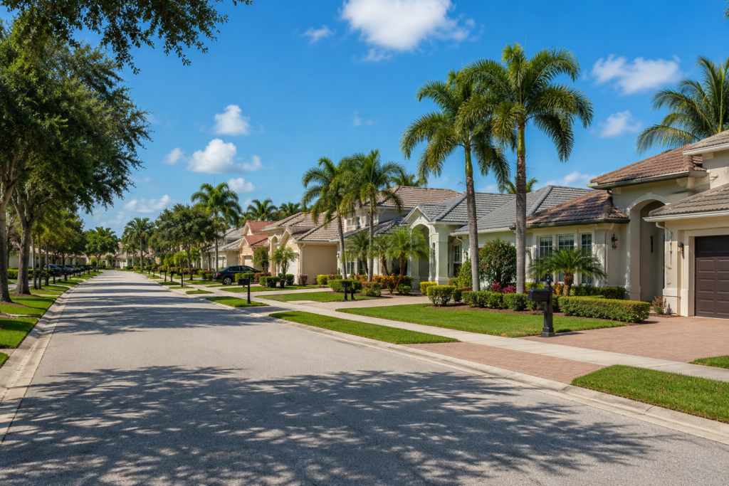 A palm-lined street of family homes in a Florida neighborhood