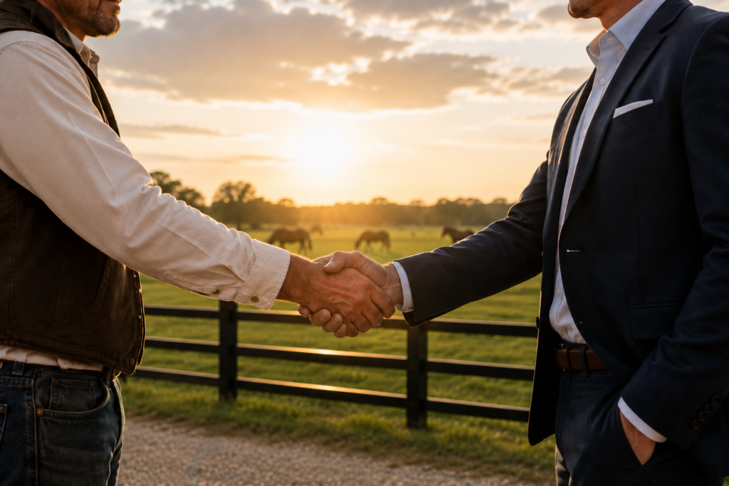 A rancher and a man in a suit shaking hands at a pasture fence at sunset