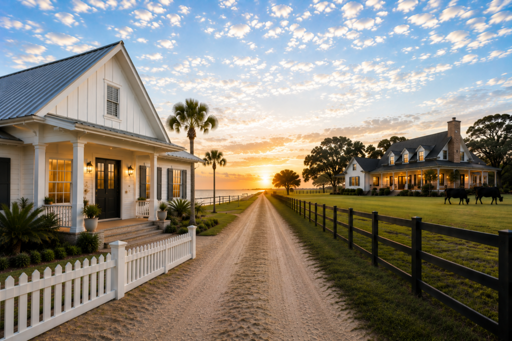 A coastal cottage on one side of a sandy lane and a ranch house with cattle and board fencing on the other, water in the distance