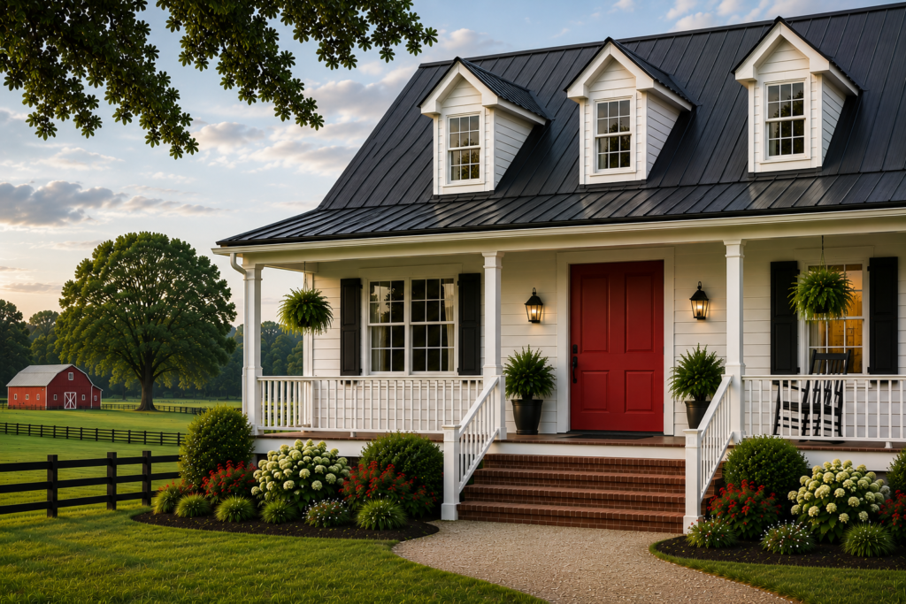 A white farmhouse with a red front door, wraparound porch and dormer windows, with a red barn and fenced pasture behind