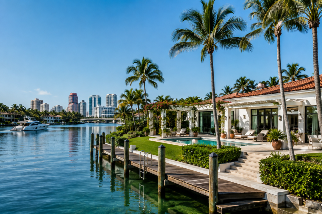A waterfront home with a pool, dock and palms on the Intracoastal, city skyline beyond
