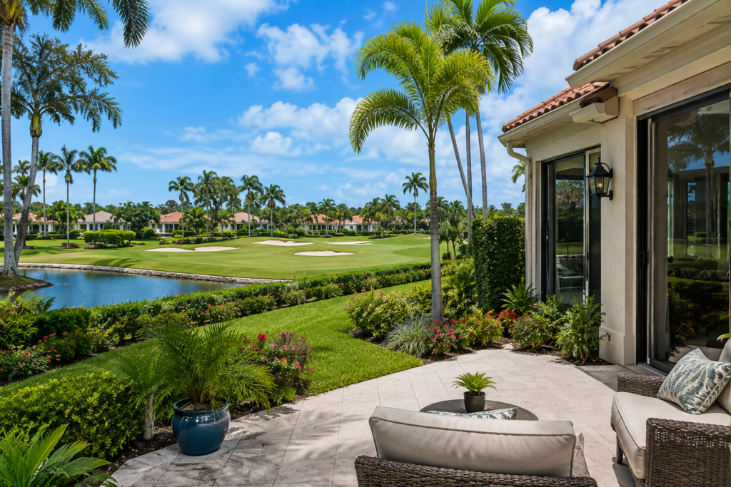 A view from a home's lanai across a golf fairway and lake to palms and rooftops