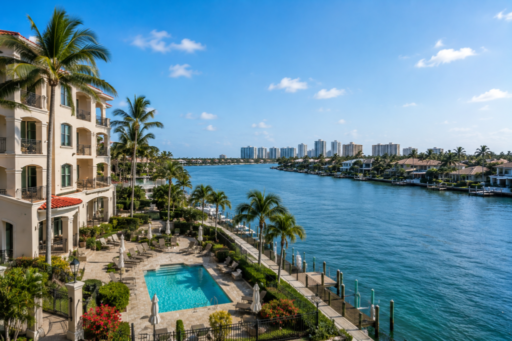 A waterfront condominium building with a pool deck and docks on the Intracoastal, skyline in the distance