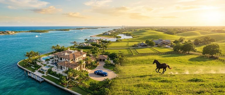 Aerial view of a luxury Florida waterfront estate transitioning into a green Alabama horse ranch, representing Little Ranch Realty's coastal and ranch properties