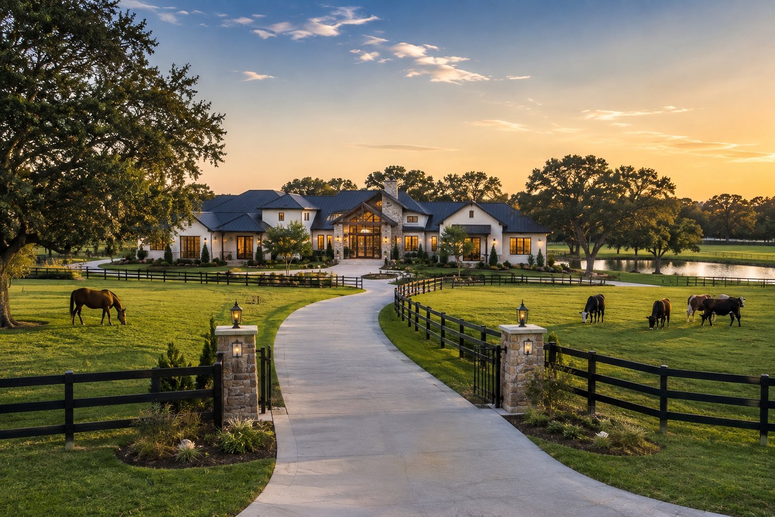 A ranch at sunset with a fenced drive, horses and cattle grazing in open pasture